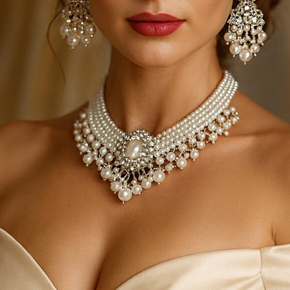 Victorian Pearl Jewelry Set - Bridal Choker Necklace  Earrings - Picture 1 of 6